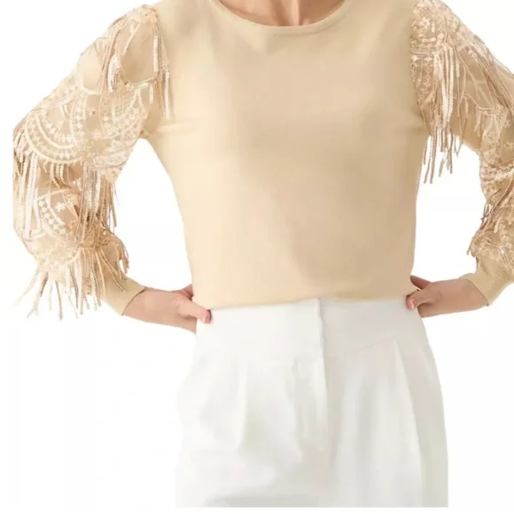 NWT Joseph A. Women's Mixed Media Lace Sequins Sleeve Sweater Khaki Size Large - Picture 3 of 6